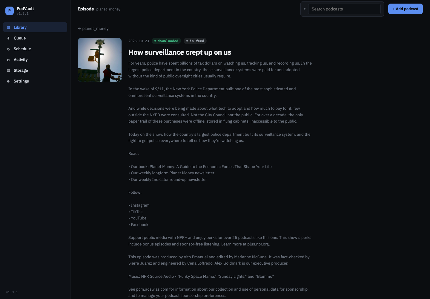 Planet Money episode page with cover art, the show notes as clean text, and play, copy path and re-download actions