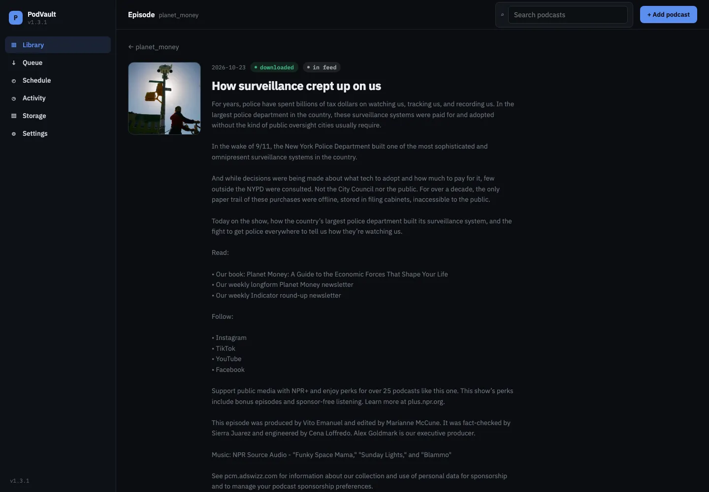 Planet Money episode page with cover art, the show notes as clean text, and play, copy path and re-download actions