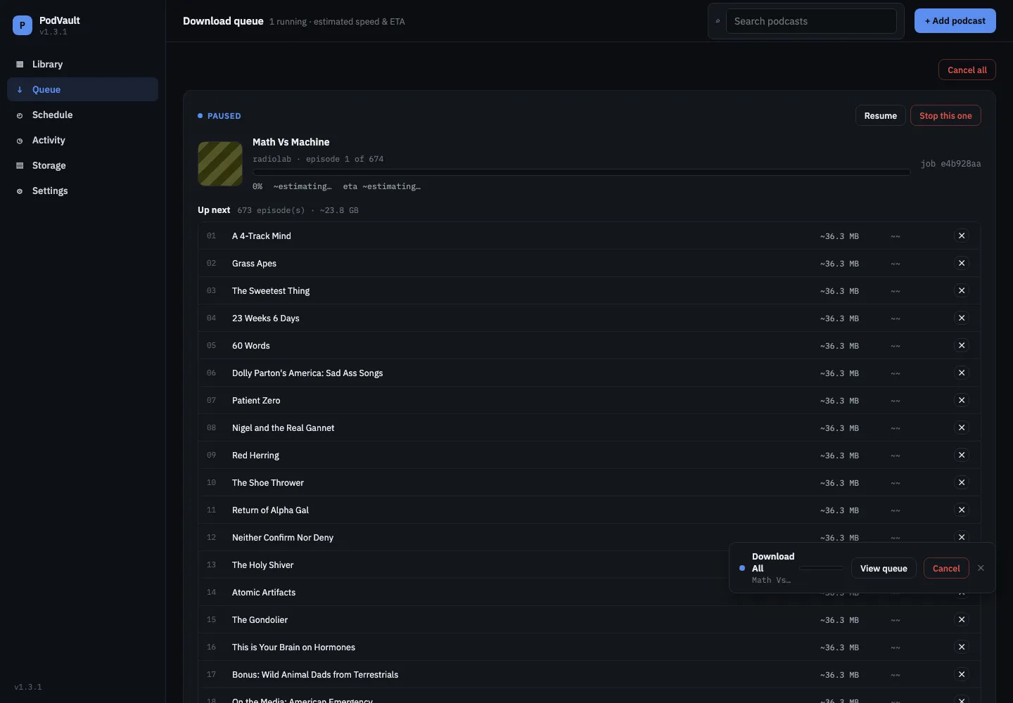 Download queue with a paused Radiolab download, Resume, Stop and Cancel all buttons, and the up-next list