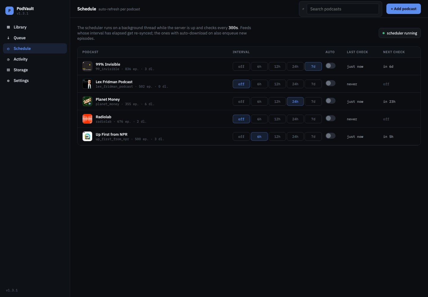Schedule page listing each podcast’s auto-refresh interval, auto-download toggle, and last and next check