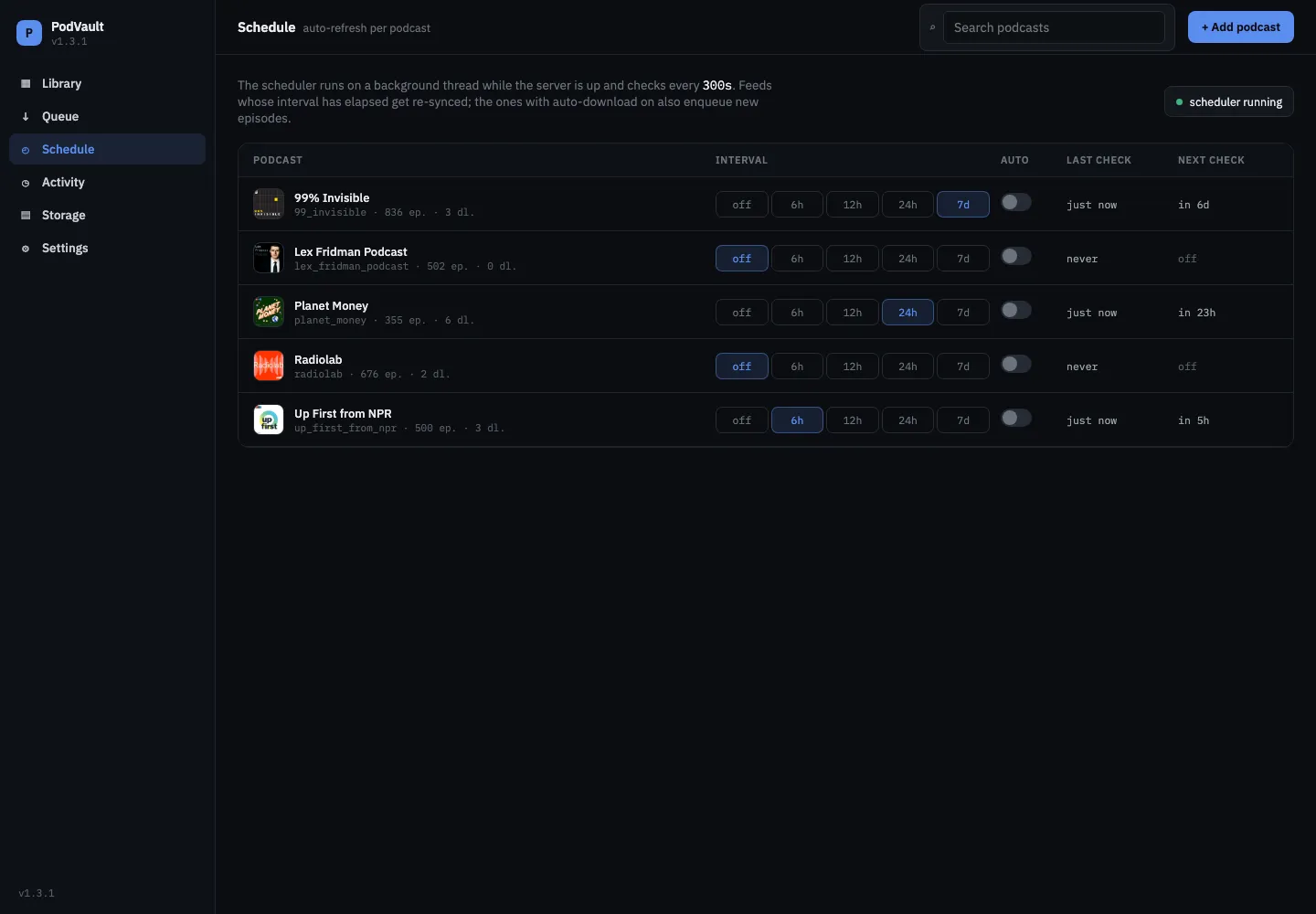 Schedule page listing each podcast’s auto-refresh interval, auto-download toggle, and last and next check