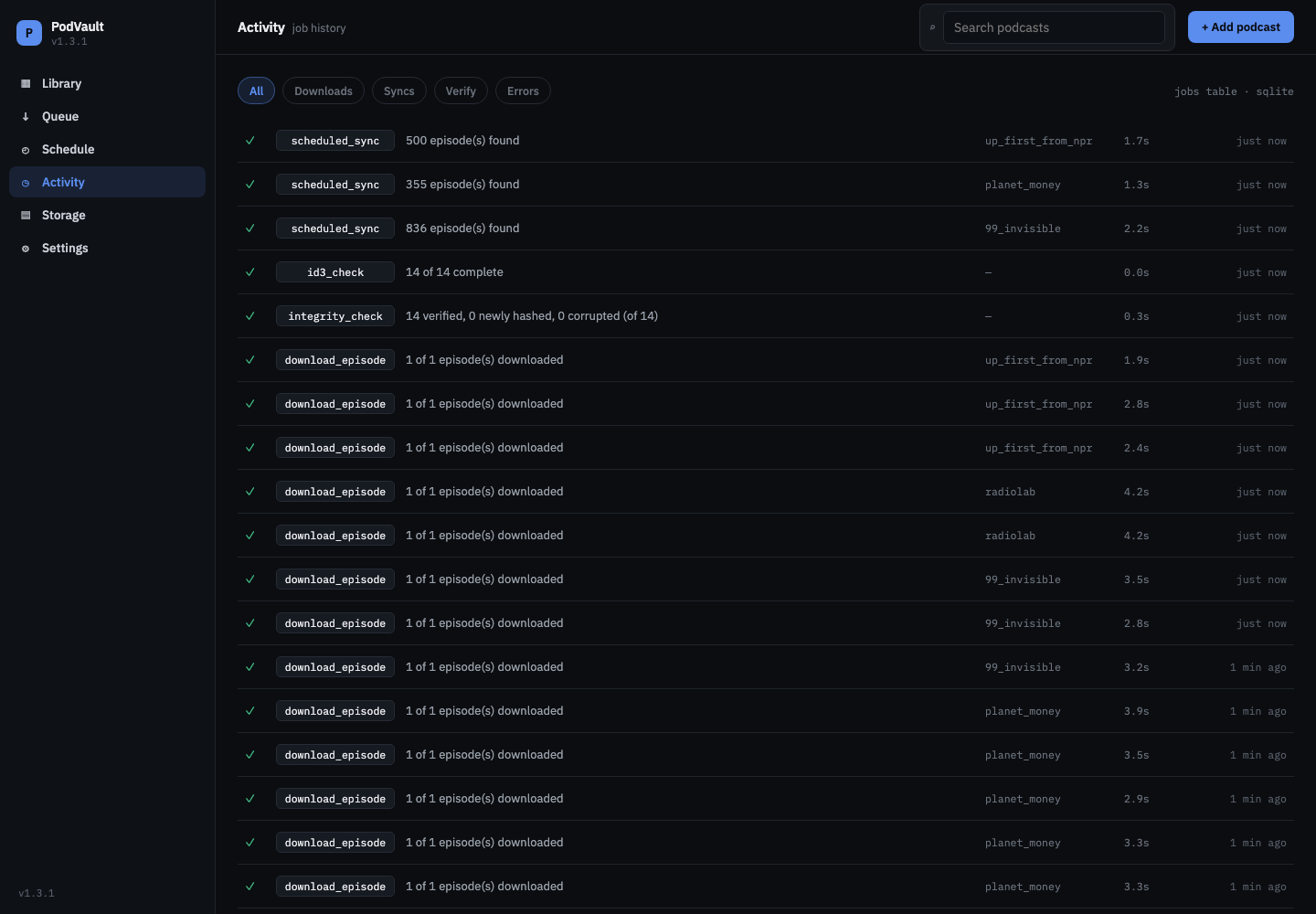 Activity page with a history of feed syncs, tag and integrity checks, and episode downloads