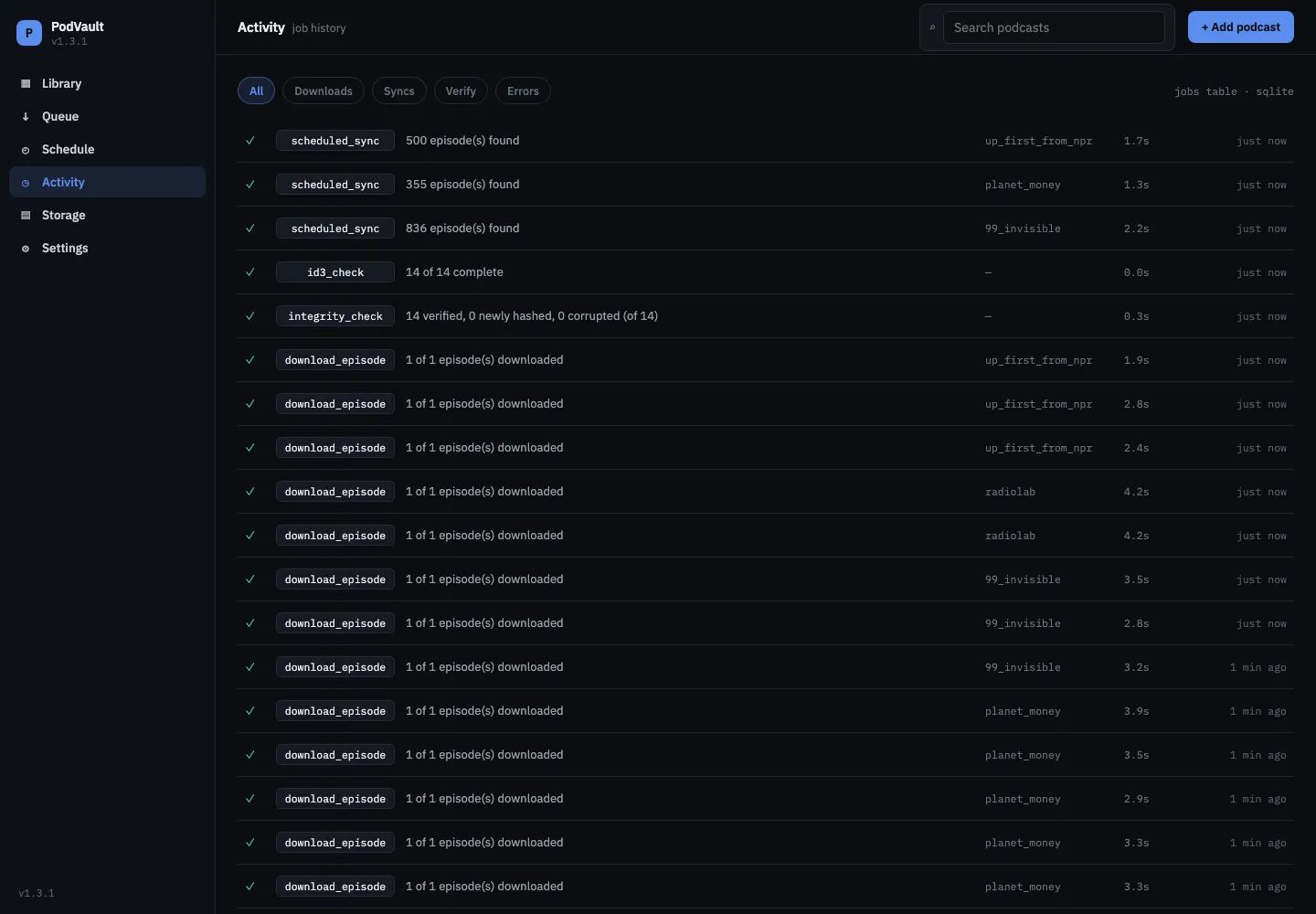Activity page with a history of feed syncs, tag and integrity checks, and episode downloads