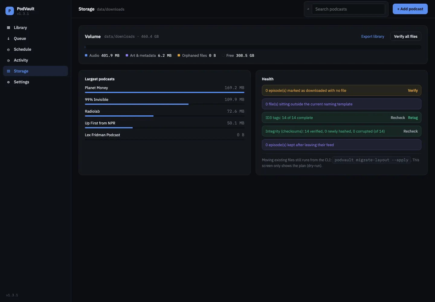 Storage page with disk usage, the largest podcasts, and archive health checks