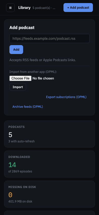 PodVault Library on a phone, with the sidebar collapsed