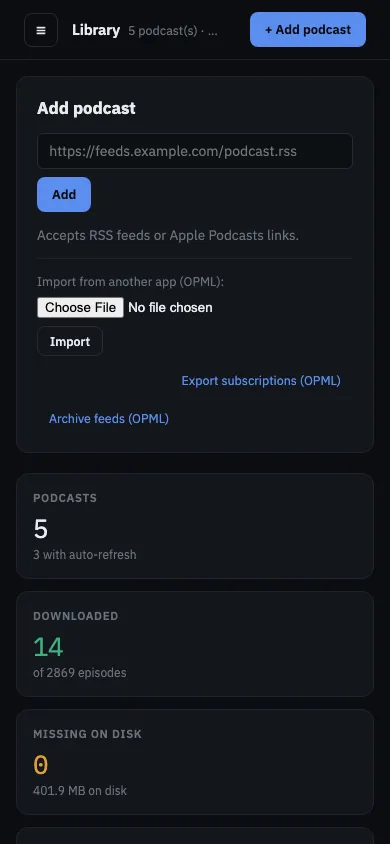 PodVault Library on a phone, with the sidebar collapsed